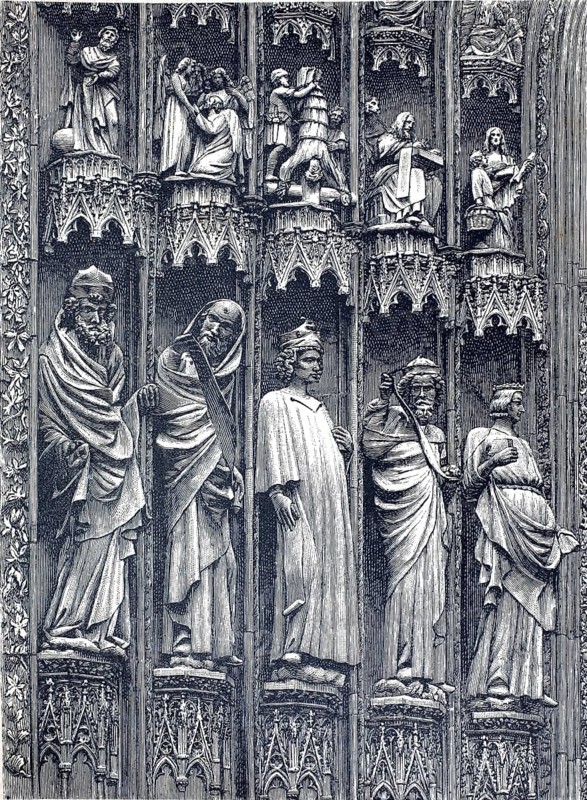 The prophets in the central portal of Strasbourg Cathedral, Strasbourg Cathedral, 1880, France, illustration, reproduction from a model from the 19th century. Authentic, file restored for optimal use, exact date of submission unknown, historical