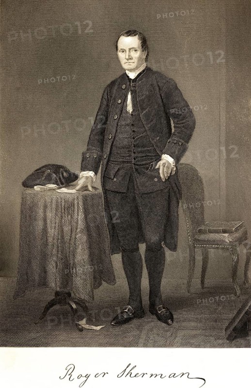 Roger Sherman (1721-1793) lawyer and politician, co-author of the Declaration of Independence, USA, room, small table, chair, book, standing, plain clothes, serious look, portrait of famous Americans, signature, artist Alonzo Chappel, steel engraving, historical illustration 1862