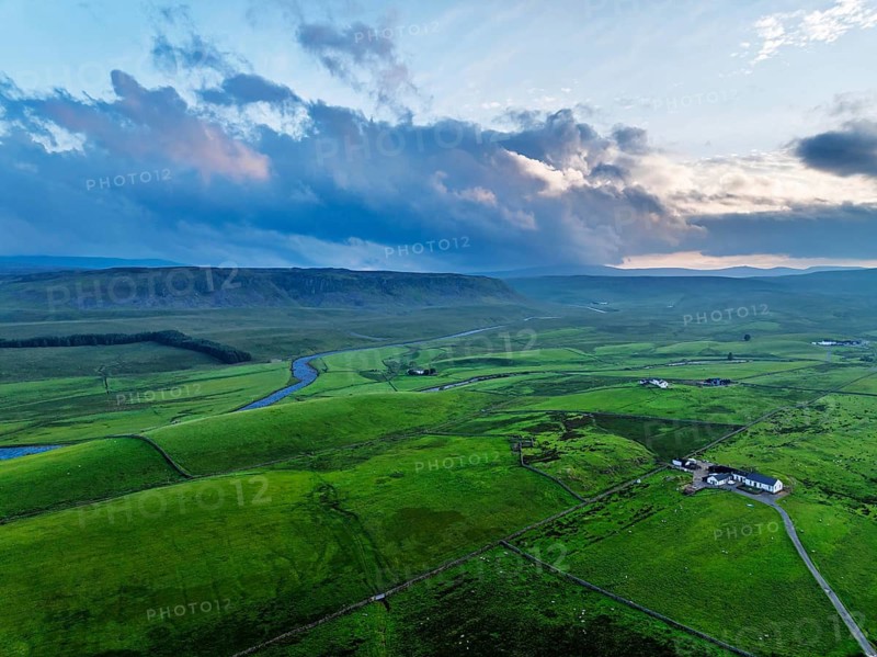 Forest in Teesdale over River Tees from a drone, North Pennines AONB, County Durham, England, United Kingdom