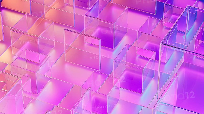 Translucent cubes in varying sizes form a sophisticated abstract background, combining colors and shapes that convey a sense of modern technology