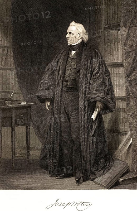 Joseph Story (1779-1845) jurist, judge at the Supreme Court of the United States, opponent of the slave trade, teaching at Harvard University, university, USA, room, robe, standing, bookcase, table, inkwell, serious look, portrait of famous Americans, signature, artist Alonzo Chappel, steel engraving, historical illustration 1862