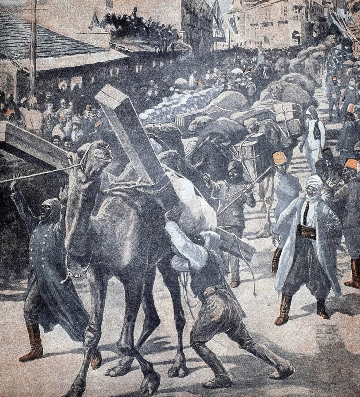 1st World War, the Turkish campaign against the English in Egypt, Military transport in the streets of Jerusalem (original picture text from 1915, original colouring), Illustration, Reproduction from a 19th century original. Authentic, file restored for optimal use, exact date of original unknown, Historical, A large crowd of people moves with horses and heavy loads through a historical street