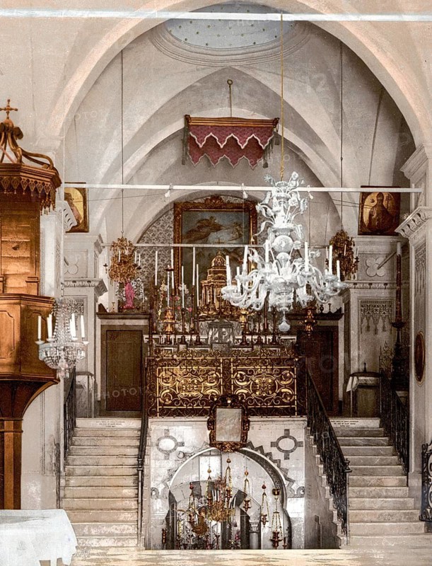 Interior of the church of the Annunciation of Nazareth, Holy Land, Israel, c. 1890, Historic, digitally restored reproduction from a 19th century original, Interior of the church of the Annunciation of Nazareth, Holy Land, 1890, Historic, digitally restored reproduction from a 19th century original