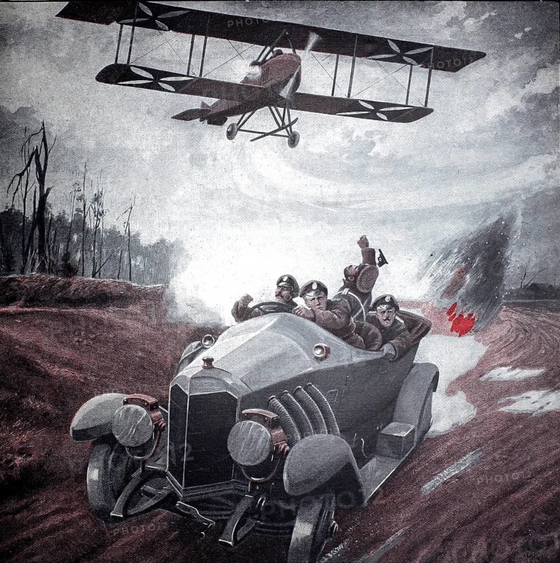 World War 1, Pursuit of a Russian motor car by a German airman (original pictorial text from 1915, original colouring), illustration, reproduction from a 19th century original. Authentic, file restored for optimal use, exact date of original unknown, Historical, Vintage car pursued by an aeroplane on a dusty road, dynamic and adventurous