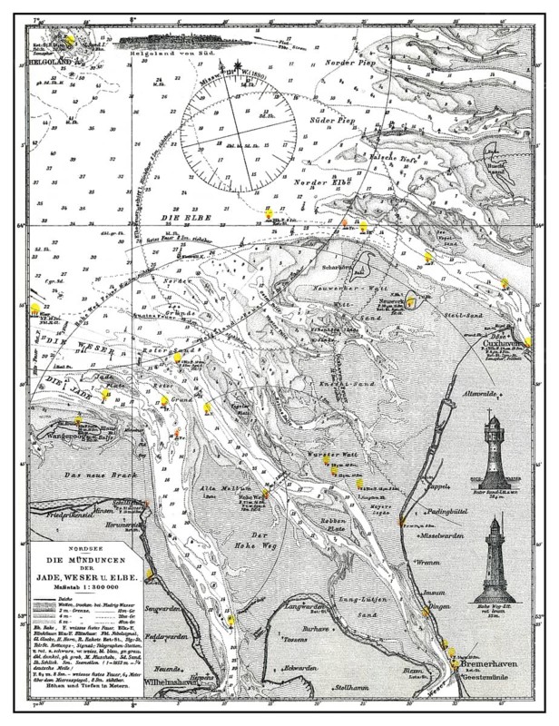 Historical hydrographic map, Baltic Sea, river mouth of rivers Weser and Elbe, 19th Century, historische Seekarte der Ostsee mit den Mündungen der Weser und Elbe, 19. Jahrhundert