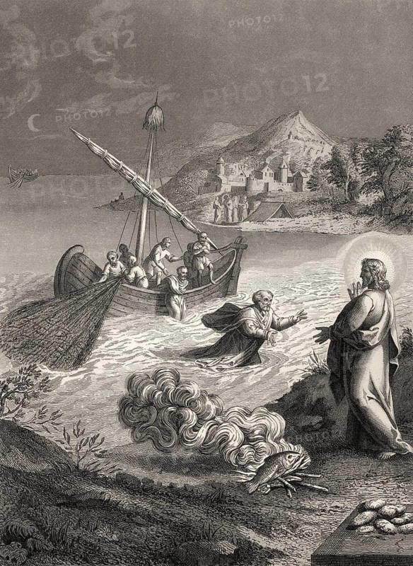 The miraculous catch of 153 fish, Resurrection of Jesus, New Testament, steel engraving 1853, digitally restored