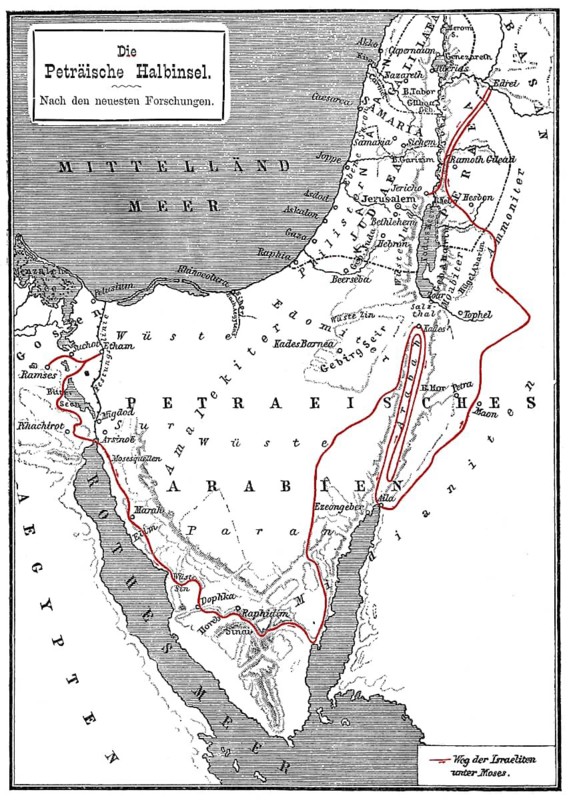 Map of the Arabian Peninsula, 19th century, journey of Moses to the Promised Land