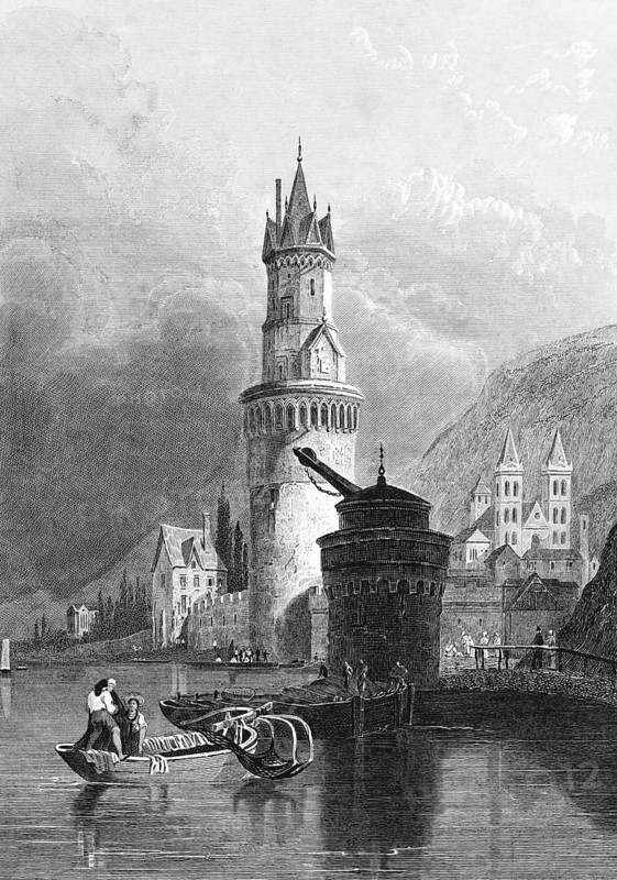 Andernach am Rhein, Rhineland-Palatinate, Germany, round defence tower with crane, cargo crane, shipping, transport, barge, rowing boat, fisherman, outrigger net, city wall, defensive tower, church, double tower, walkers, mountain, building, architecture, history, steel engraving, historical illustration 1835