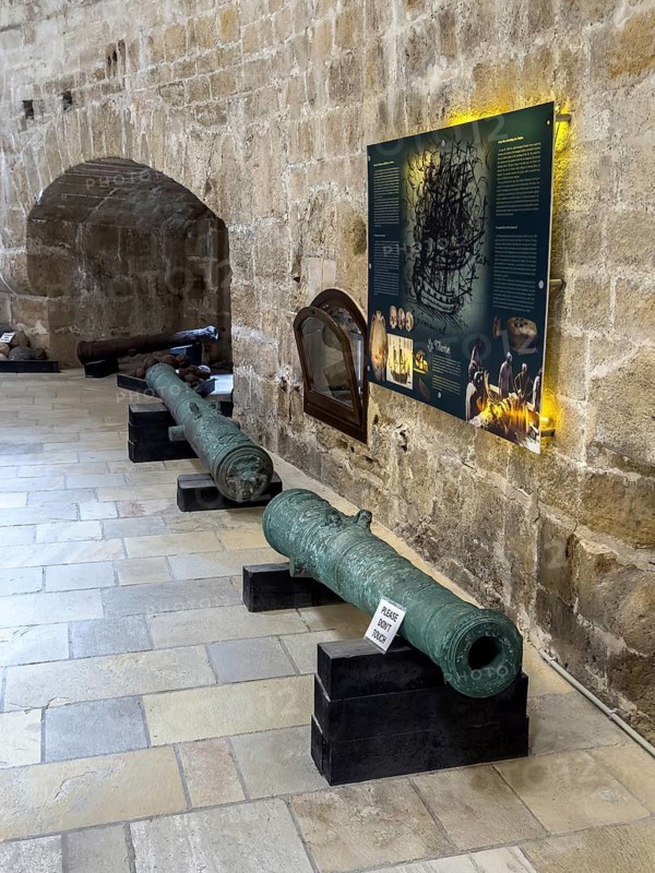 Exhibits two historical old cannon cannons in in the Middle Ages 16th century by Republic of Venice built fortress old name Castello Rocca al Mare today Koules in harbour of Iraklion today museum, Heraklion, Crete, Greece
