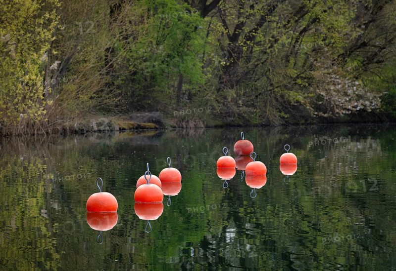 Red buoys, waterfront, Max-Eyth-See, Hofen, Stuttgart, Baden-Württemberg, Germany