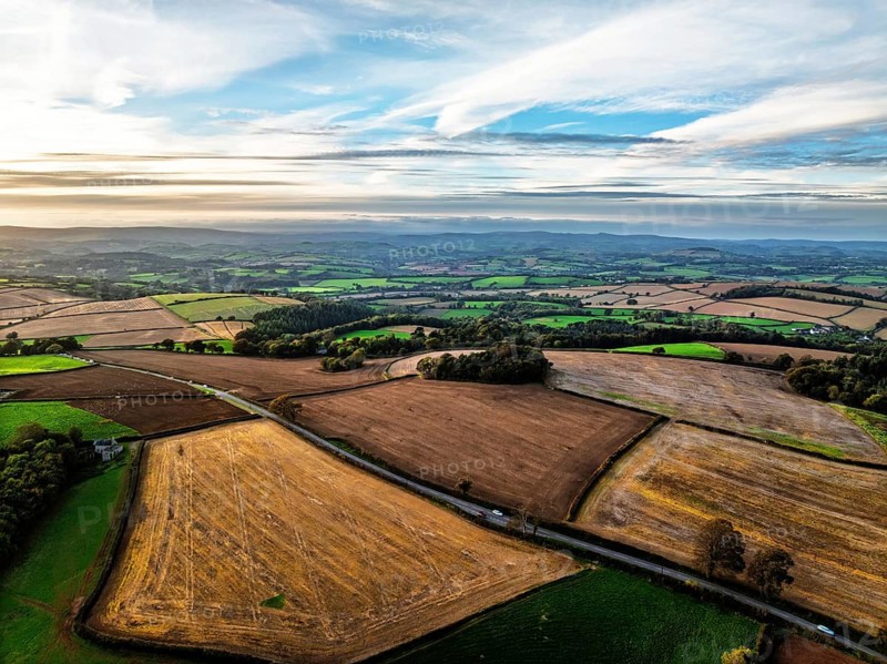 Colours of Devon Farms and Fields over Berry Pomeroy from a drone, Totnes, England, United Kingdom