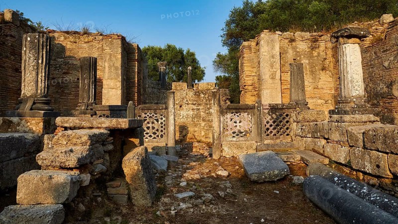 Phidias' workshop, ruins of an ancient structure with well-preserved columns, archaeological site, Ancient Olympia, Olympia, Peloponnese, Greece