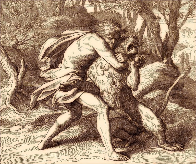 Samson Slaying the Lion, Old Testament, by Julius Schnorr von Carolsfeld, 1860