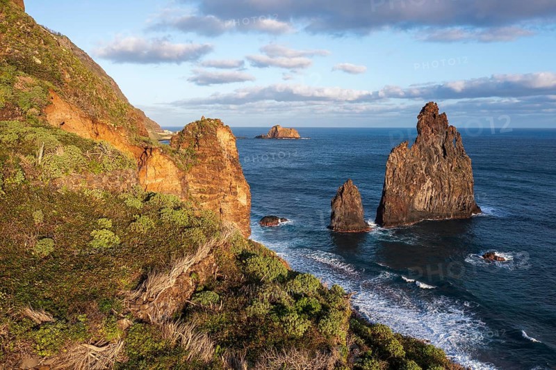 Ilheus da Rib volcanic rock formation on the cliffs of Ribeira da Janela, Madeira, Portugal