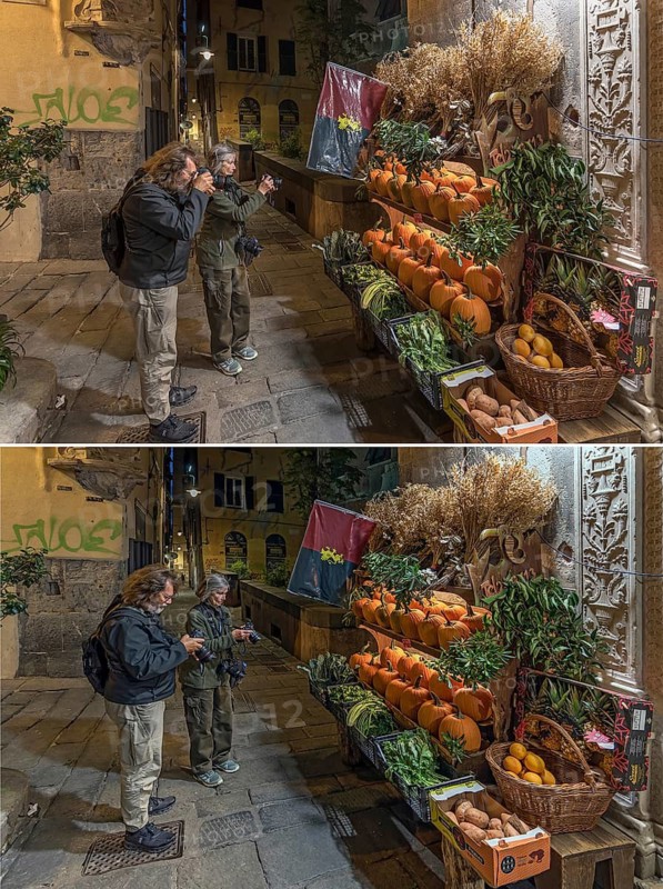 Tourists digitally photograph a vegetable stall in the old town and then check their bileders, genua, Italy