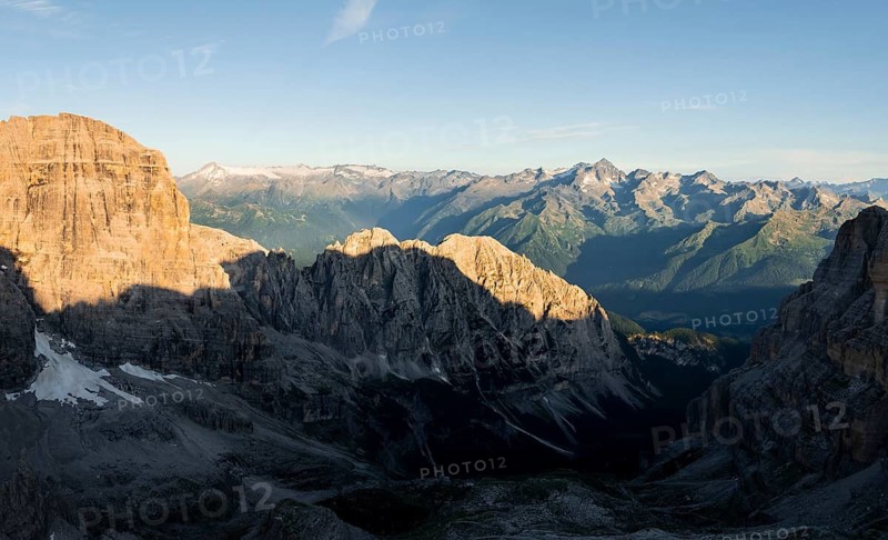 Impressive mountain peaks of the Brenta Mountains, sunrise, 360 degree alpine panorama, aerial view, Brenta, Brenta-Adamello Natural Park, Trentino, Italy