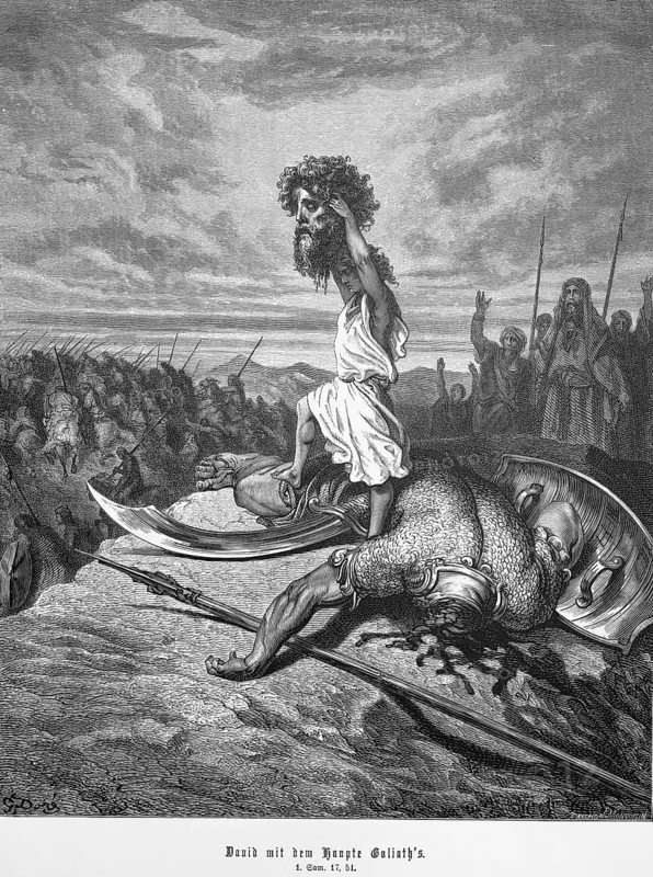 First book of Samuel, chapter 17, verse 51, David draws his sword and kills the Philistine, David with the head of Goliath, religion, Old Testament, Bible, beheading, death, cutting off head, giant, fight, display, people, triumph, steel engraving Doré, historical illustration 1885