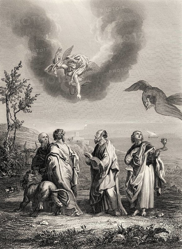 Evangelist portraits with their symbols, 1853, Steel engraving digitally restored