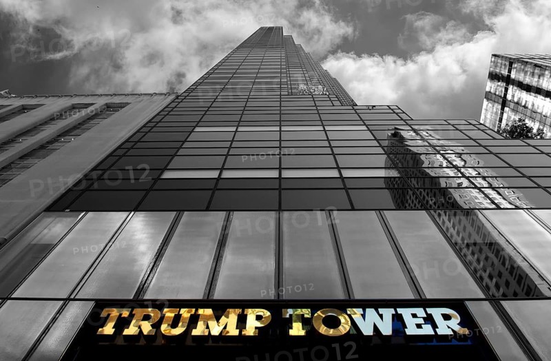 Trump Tower with lettering, black and white, New York City, USA