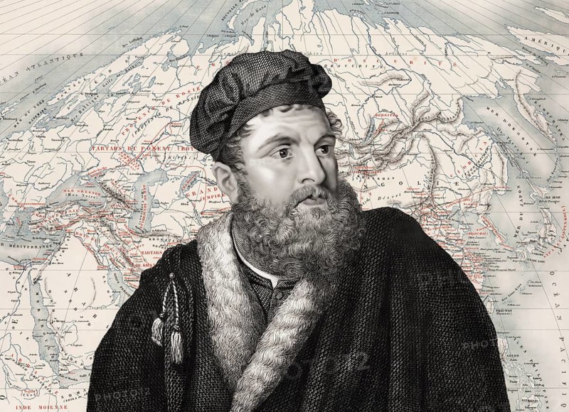Marco Polo, c.?1254 –1324, an Italian merchant, explorer and writer, map of his travels, digital edited