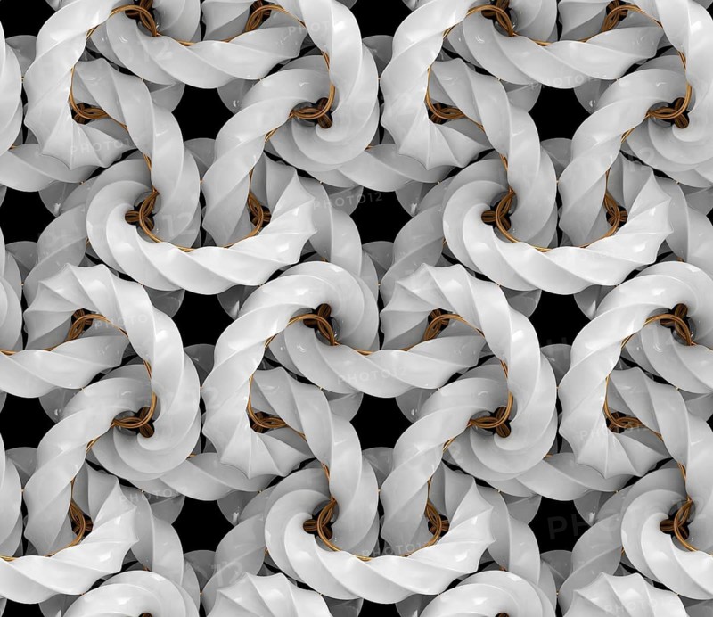 This high-resolution graphic showcases a seamless 3D pattern featuring interconnected white 4D rings with gold accents