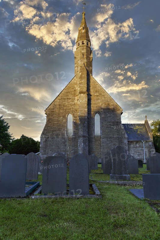 All Saints Church, gravestones in the churchyard, cemetery, evening sky, Llangorwen, Aberystwyth, Ceredigion, Wales, Great Britain
