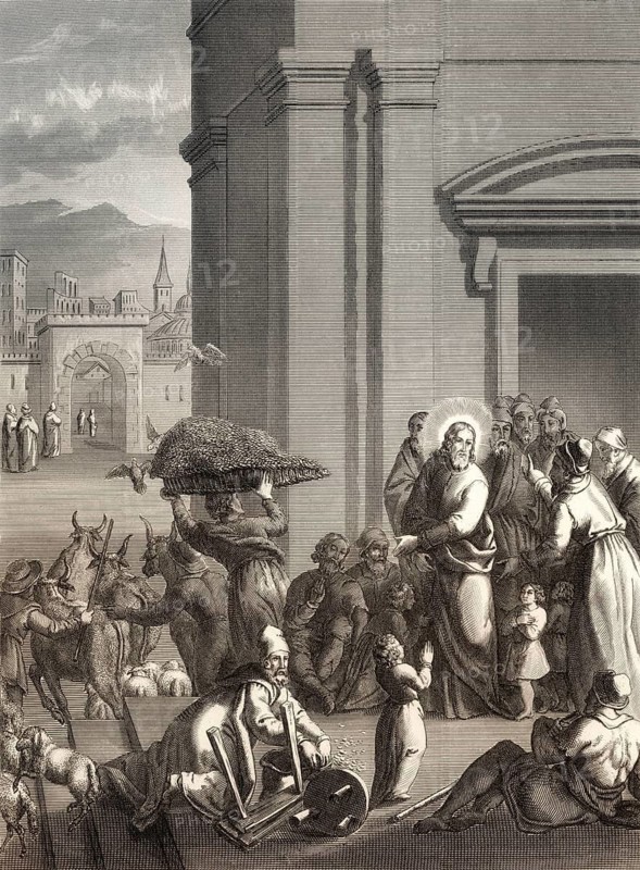 The second cleansing of the Temple, New Testament, steel engraving 1853, digitally restored