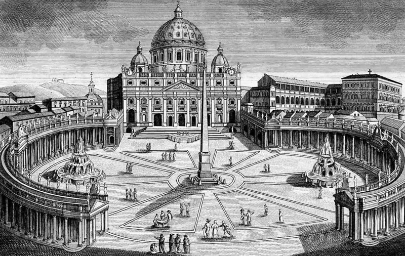 St. Peter's Church St. Peter's Square in the Vatican, Italy, circular, domed building, column, fountain, portico, people, pope, catholic religion, façade, building, architecture, history, steel engraving, historical illustration 1835