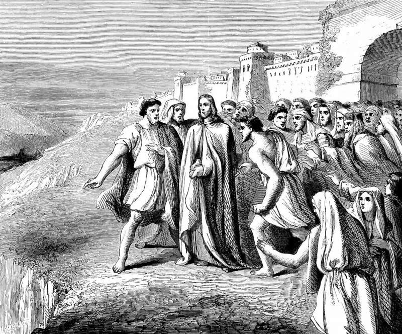 The persecution in Nazareth, Luke Gospel, chapter 4, verse 29, New Testament, city wall, city gate, crowd, expel, Jesus, mountain, hill, Bible, historical illustration 1850