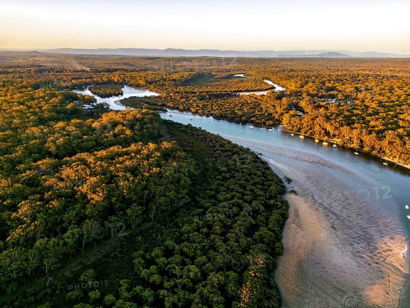 Serene aerial view of a winding river cutting through a lush, dense forest with sunlit trees in Jervis Bay, Australia. Captures nature beauty in an expansive landscape panorama