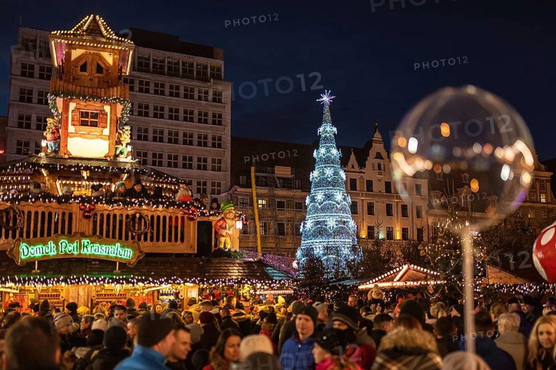 WROCLAW, POLAND - DECEMBER 08, 2018: Christmas fair in the market square of Wroclaw with the christmas tree