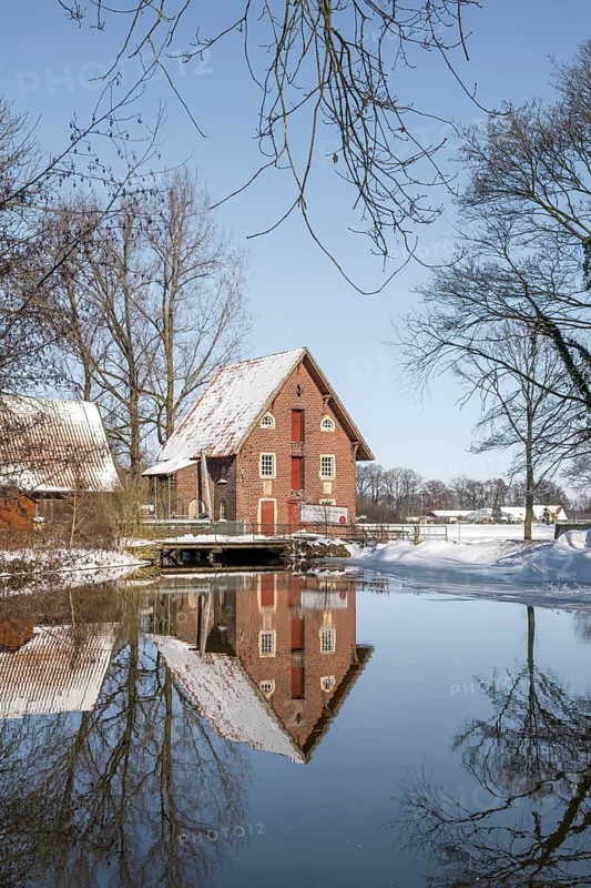 Historic water mill, Düstermühle on the river Dinkel, Legden, Münsterland, North Rhine-Westphalia, Germany