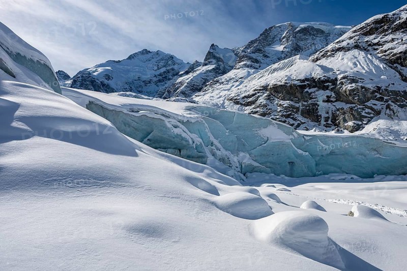 Snowy glacier, Morteratsch Glacier, Bernina Range, Engadin, Graubünden, Switzerland