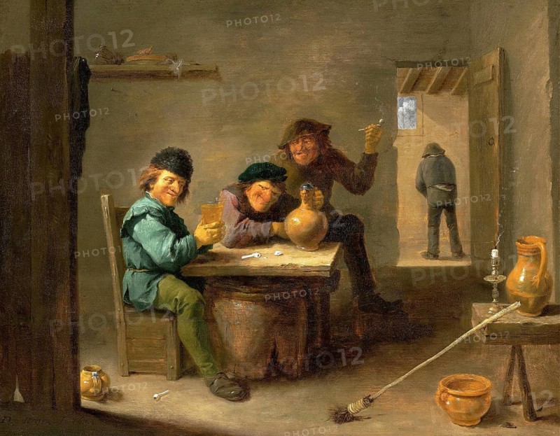 Peasants in a Tavern (c. 1633), painting by David Teniers (baptised 15 December 1610 in Antwerp, died 25 April 1690 in Brussels), Flemish painter, draughtsman and curator. He was an innovator in a variety of genres such as history painting, genre painting, landscape, portrait and still life. He is most remembered today as the leading Flemish genre painter of his time, reproduction from a 17th century painting. Authentic, file restored for optimal use, exact date of original unknown