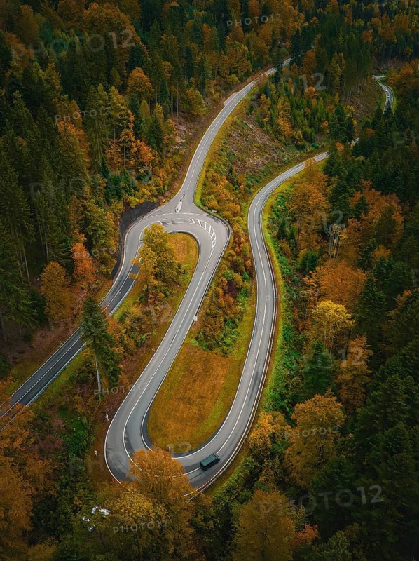 S-bend in the deep autumn forest, Hirsau, Calw, Black Forest, Germany