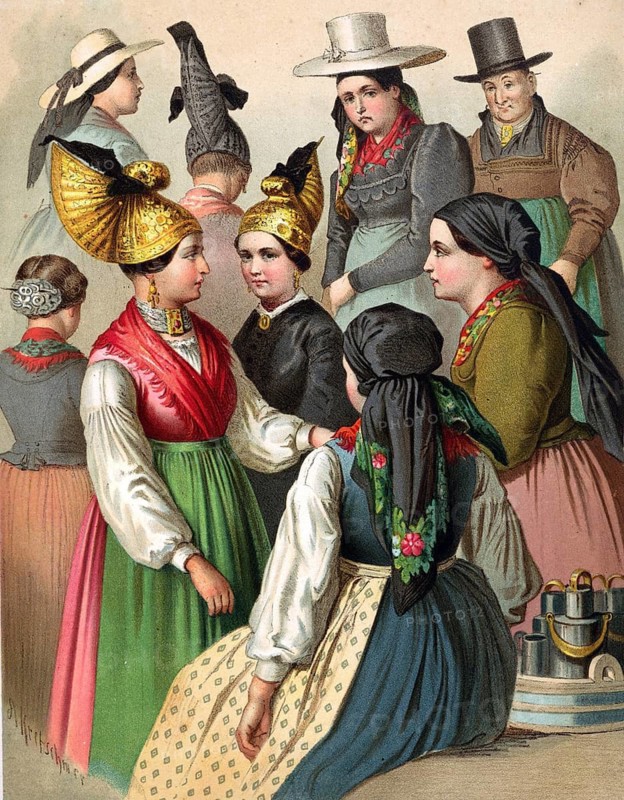 Traditional costumes in Germany around 1820, Austria, Upper Austria, woman in elaborate costumes and hats in a convivial gathering, digitally retouched reproduction of a model from around 1850, by Albert Kretschmer (27 February 1825, 11 July 1891), German painter and traditional costume expert
