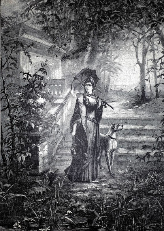 Symbolic picture autumn, elegant lady with umbrella and a dog standing in an early autumn park, woodcut based on a picture by Adam Siepen, illustration, reproduction of a model from the 19th century. Authentic, file restored for optimal use, exact date of presentation unknown, historic, elegant woman with dog and umbrella in the garden in a subdued evening mood