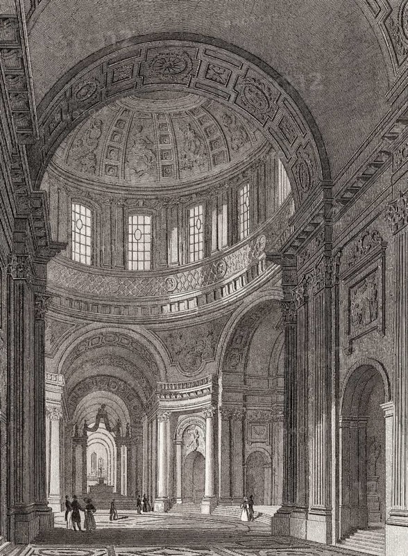 Interior, Dome of Les Invalides, Paris, antique steel engraved print, 1831