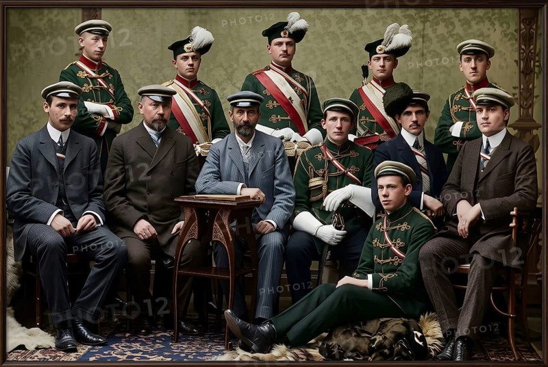 Group photo of the Arminia student association from 1907, symbolic picture students, studies, student association, corps, association, university, patriotism, historical illustration, digitally edited
