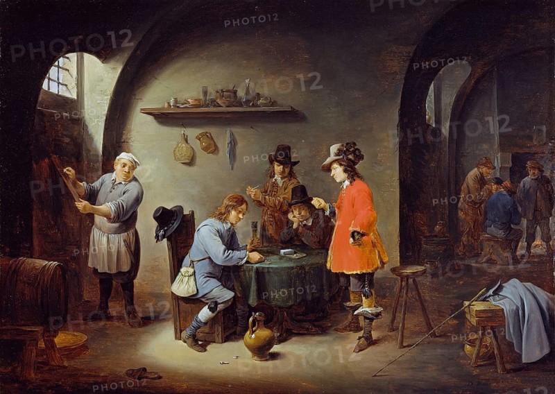 Game scene in an inn (late 1640s), painting by David Teniers (baptised 15 December 1610 in Antwerp, died 25 April 1690 in Brussels), Flemish painter, draughtsman and curator. He was an innovator in a variety of genres such as history painting, genre painting, landscape, portrait and still life. He is most remembered today as the leading Flemish genre painter of his time, reproduction from a 17th century painting. Authentic, file restored for optimal use, exact date of original unknown