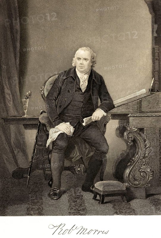 Robert Morris (1734-1806) entrepreneur, merchant, politician, signatory of the Declaration of Independence, USA, room, armchair, sitting, table, document, stool, desk, optimistic view, portrait of famous Americans, signature, artist Alonzo Chappel, steel engraving, historical illustration 1862