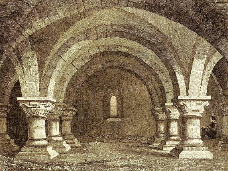 Saint Mary's Church crypt, church in Lastingham, county of North Yorkshire, Norman period, monument protection, vault, arch, pillar, interior, person, sitting, narrow window, architecture, England, Great Britain, steel engraving, historical illustration 1842