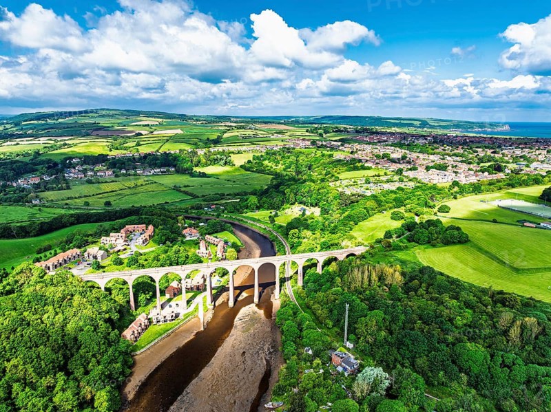 Larpool Viaduct over River Esk and Esk Valley Viaduct from a drone, Whitby, North Yorkshire, England, United Kingdom