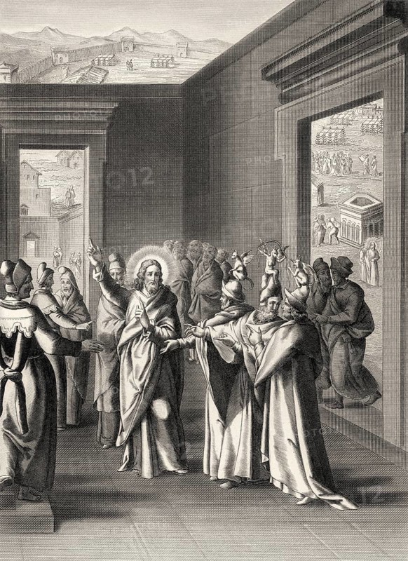 Jesus' debate with the Pharisees after the Feast of Tabernacles, steel engraving 1853, digitally restored