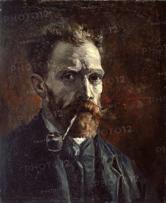 Self-portrait with pipe (1886), Self-portrait with pipe (1886), Painting by Vincent Willem van Gogh (born 30 March 1853 in Groot-Zundert, died 29 July 1890 in Auvers-sur-Oise), Dutch painter and draughtsman, one of the founders of modern painting, Illustration, Reproduction from a painting. Authentic, exact date of original unknown, Historical, A dark self-portrait with pipe, emphasised by dramatic light and contrasts