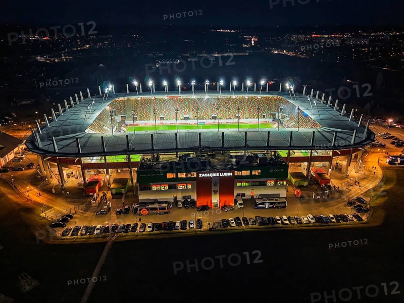 LUBIN, POLAND - MARCH 2, 2026: Football match between KGHM Zaglebie Lubin vs - Wisla Plock. Drone view of KGHM Zaglebie Arena at evening