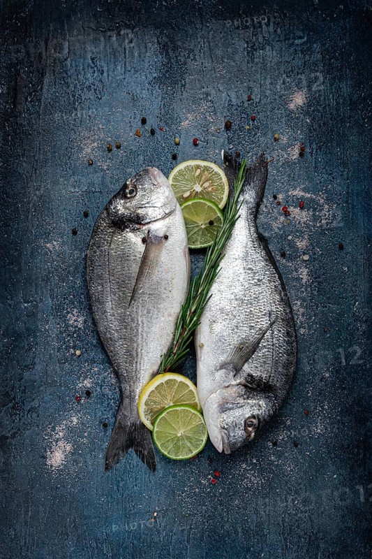Fresh, raw dorado fish, on a dark blue background, top view, two pieces, no people