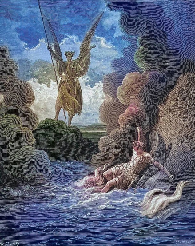 Illustration by Gustave Dore (1832-1883) for Paradise Lost, The Paradise Lost, published in 1667, is an epic poem in blank verse by the English poet John Milton, Inferno, Hell, Paradise, Angel, Damnation, Historical, digitally restored reproduction from a 19th century original, Record date not stated