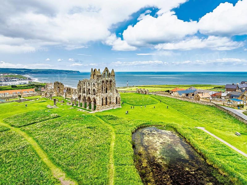 Whitby Abbey over River Esk from a drone, North Yorkshire, England, United Kingdom