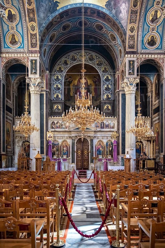 Cathedral of the Annunciation, Greek Orthodox Church, altar and rows of chairs, decorated interior, Athens, Greece